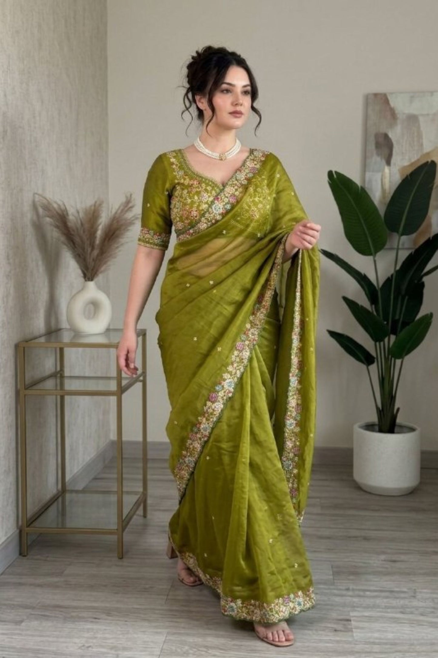 Graceful Olive Green Fendy Satin Silk Saree Embroidery Cutwork Border for Women