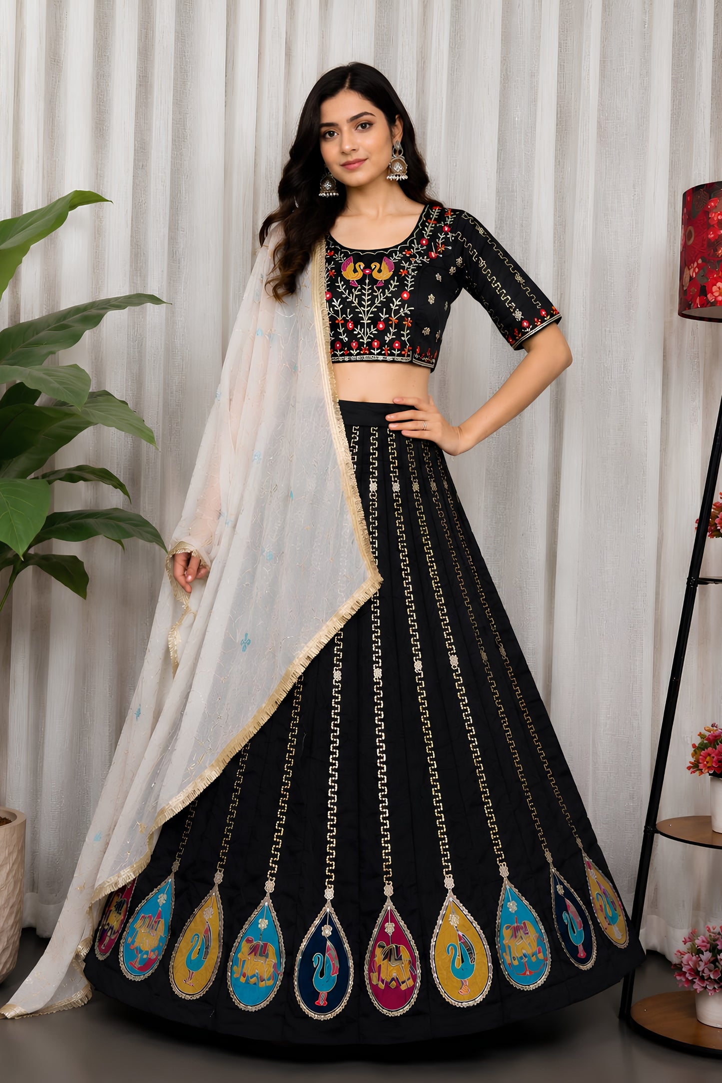 Elegant Black Vichitra Silk Embroidered Designer Lehenga Choli Set with Dupatta for Navratri