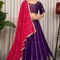 Stunning Purple Vichitra Silk Embroidered Designer Lehenga Choli Set with Pink Dupatta for Navratri