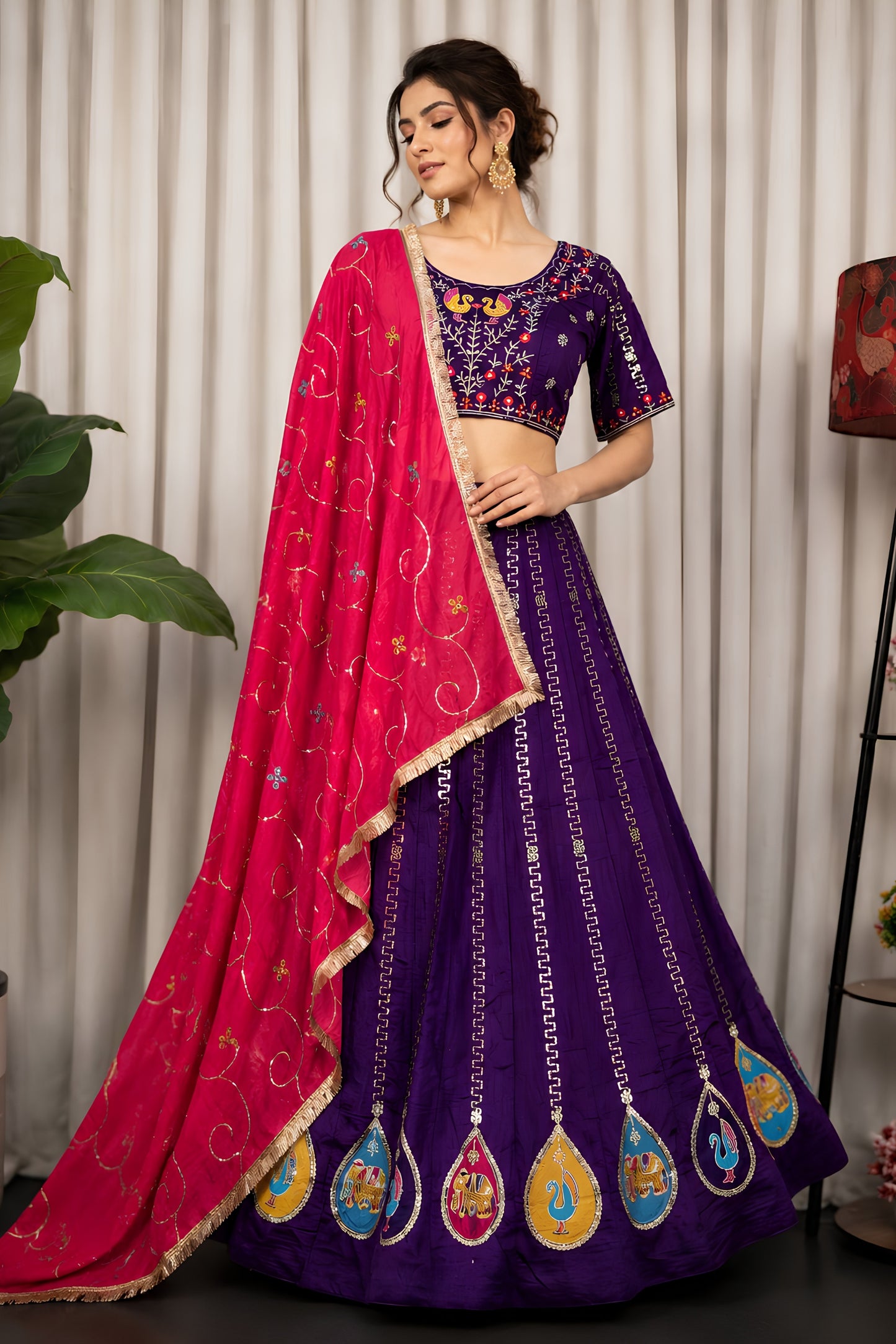 Stunning Purple Vichitra Silk Embroidered Designer Lehenga Choli Set with Pink Dupatta for Navratri