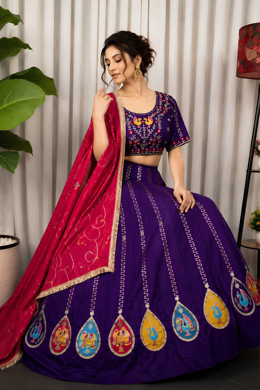 Stunning Purple Vichitra Silk Embroidered Designer Lehenga Choli Set with Pink Dupatta for Navratri