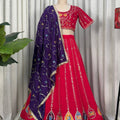 Stylish Rani Pink Vichitra Silk Embroidered Designer Lehenga Choli Set with Purple Dupatta for Navratri
