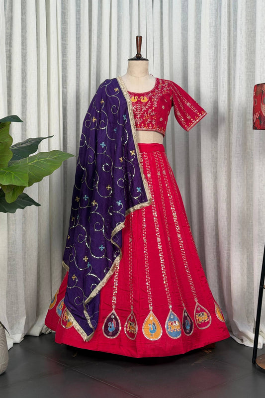 Stylish Rani Pink Vichitra Silk Embroidered Designer Lehenga Choli Set with Purple Dupatta for Navratri
