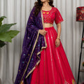 Stylish Rani Pink Vichitra Silk Embroidered Designer Lehenga Choli Set with Purple Dupatta for Navratri