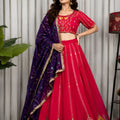 Stylish Rani Pink Vichitra Silk Embroidered Designer Lehenga Choli Set with Purple Dupatta for Navratri