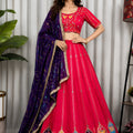 Stylish Rani Pink Vichitra Silk Embroidered Designer Lehenga Choli Set with Purple Dupatta for Navratri