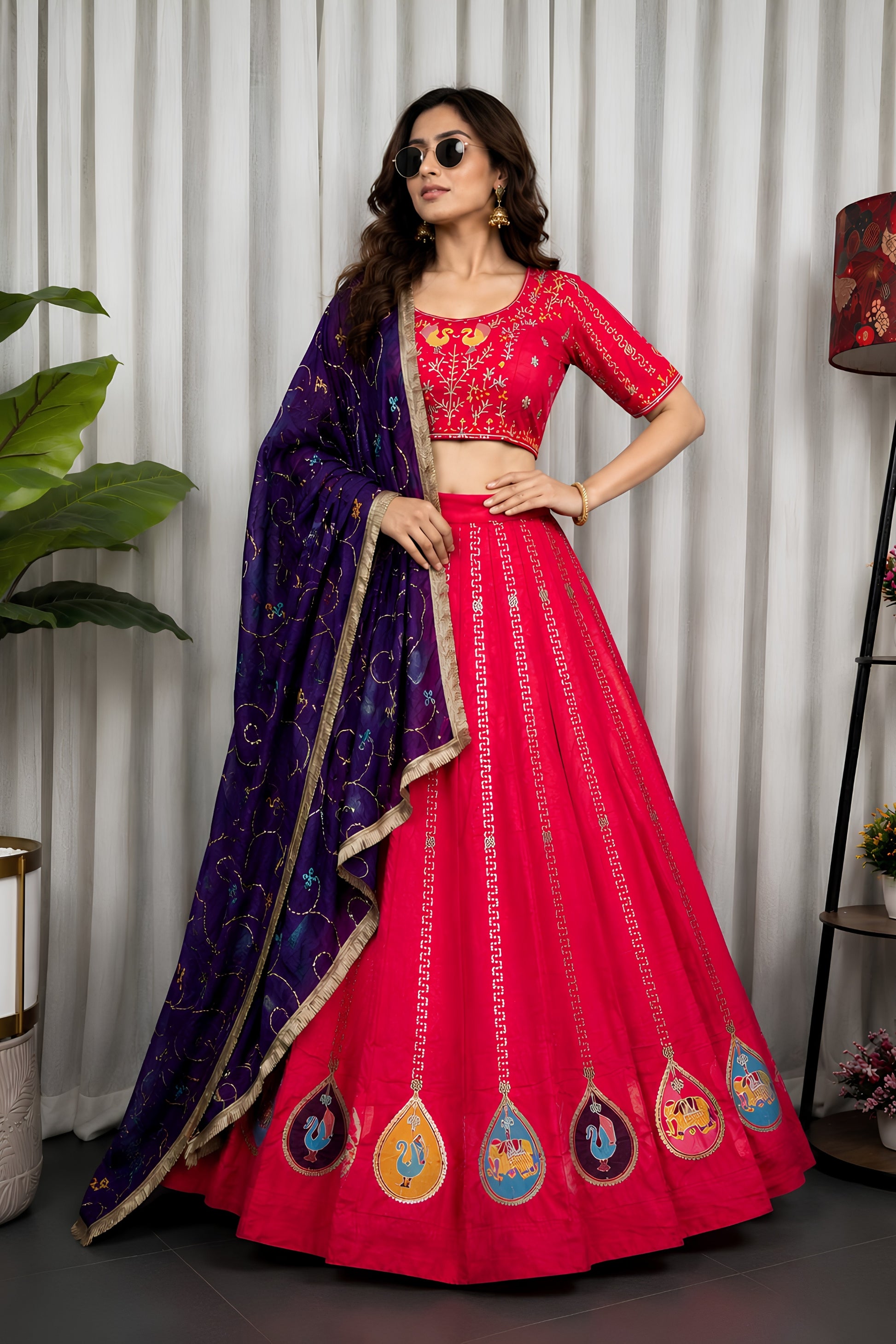 Stylish Rani Pink Vichitra Silk Embroidered Designer Lehenga Choli Set with Purple Dupatta for Navratri
