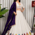 Elegant White Vichitra Silk Embroidered Designer Lehenga Choli Set with Purple Dupatta for Navratri