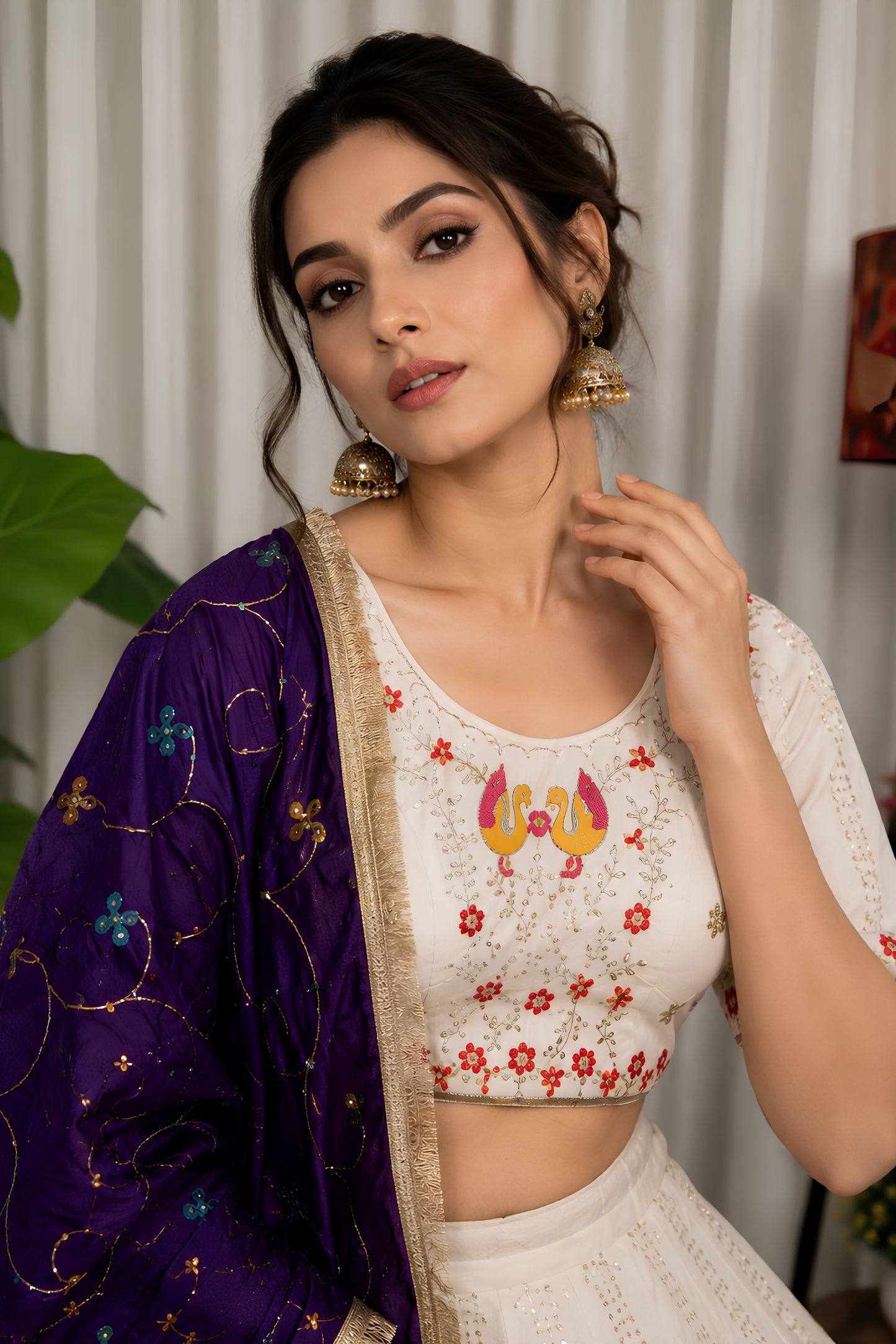 Elegant White Vichitra Silk Embroidered Designer Lehenga Choli Set with Purple Dupatta for Navratri