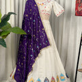 Elegant White Vichitra Silk Embroidered Designer Lehenga Choli Set with Purple Dupatta for Navratri