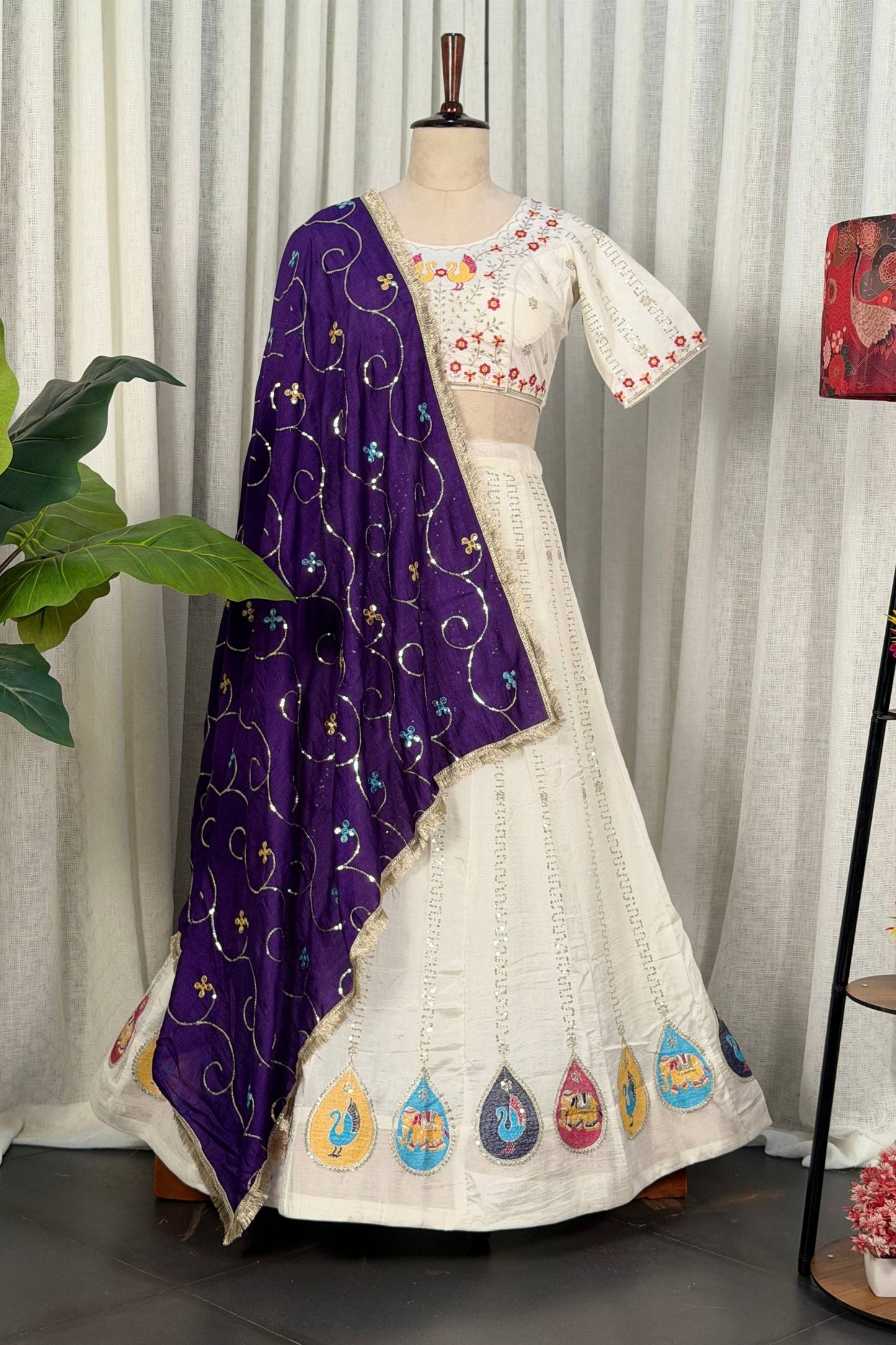 Elegant White Vichitra Silk Embroidered Designer Lehenga Choli Set with Purple Dupatta for Navratri
