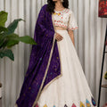 Elegant White Vichitra Silk Embroidered Designer Lehenga Choli Set with Purple Dupatta for Navratri