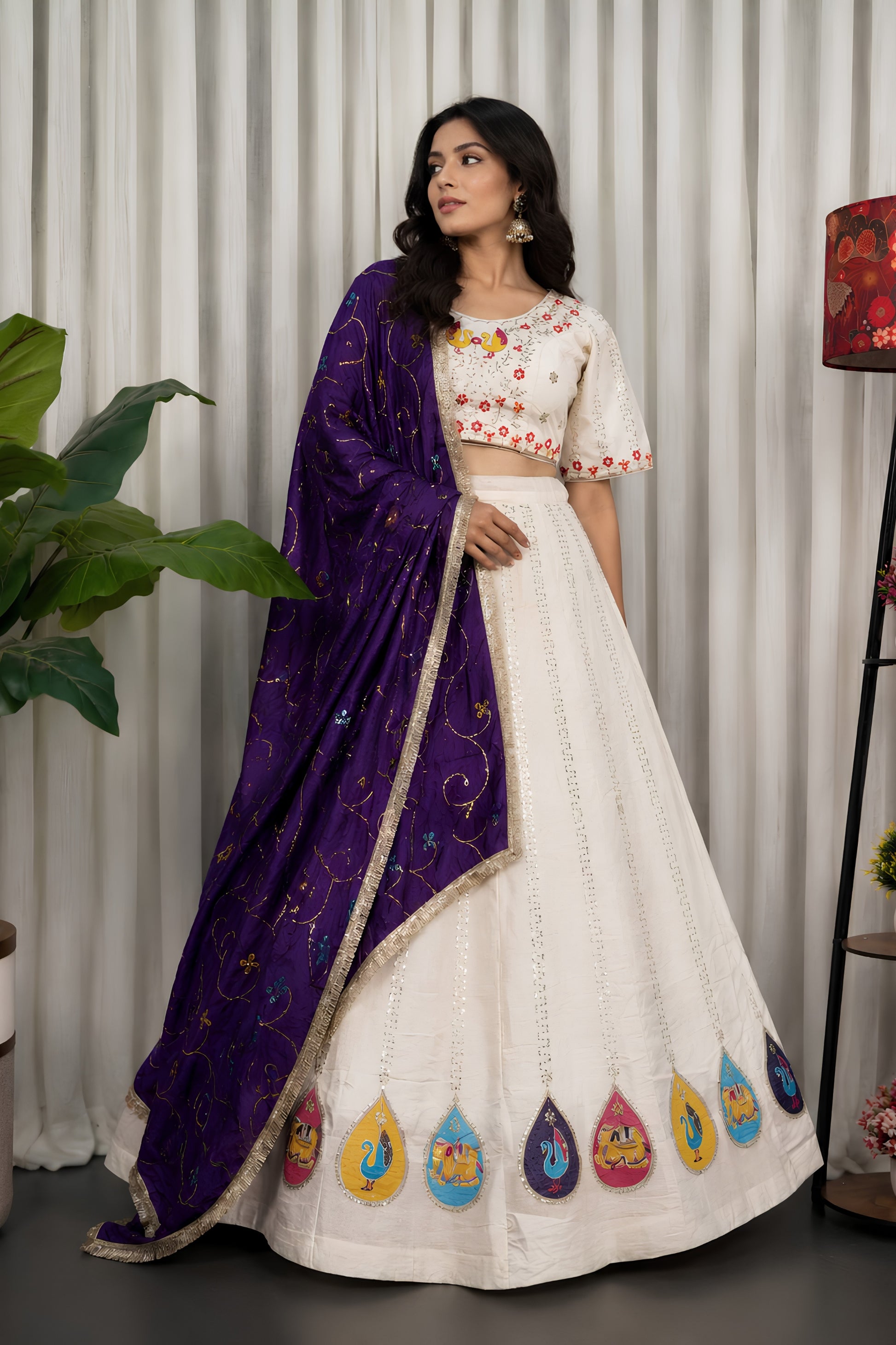 Elegant White Vichitra Silk Embroidered Designer Lehenga Choli Set with Purple Dupatta for Navratri