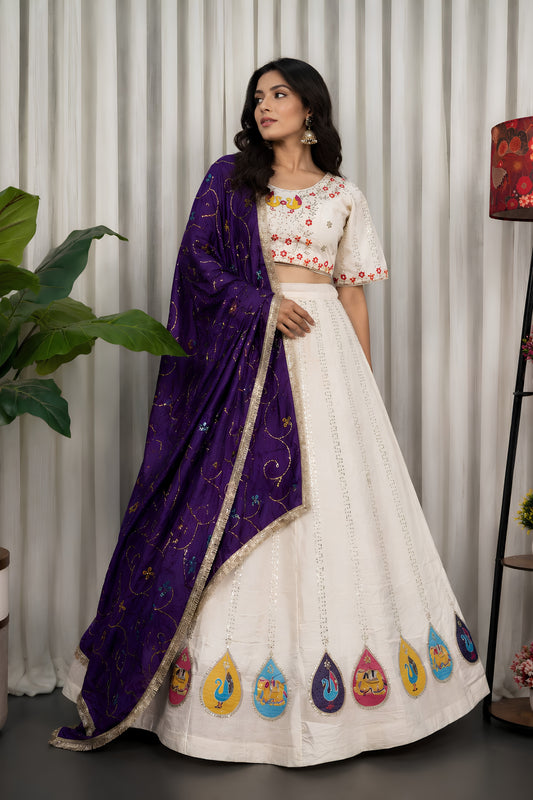 Elegant White Vichitra Silk Embroidered Designer Lehenga Choli Set with Purple Dupatta for Navratri