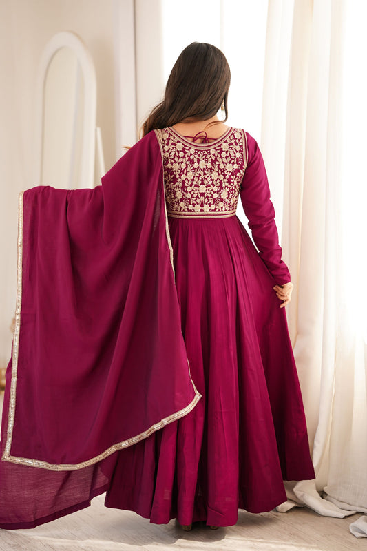 Stunning Wine Maroon Pure Microscrape Anarkali Embroidery Work Salwar Suit