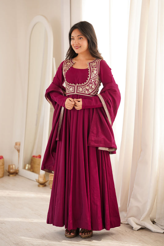 Stunning Wine Maroon Pure Microscrape Anarkali Embroidery Work Salwar Suit