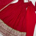 Stylish Red Pure Micro Crape Anarkali Embroidered Border Work Salwar Suit