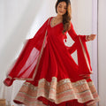 Stylish Red Pure Micro Crape Anarkali Embroidered Border Work Salwar Suit