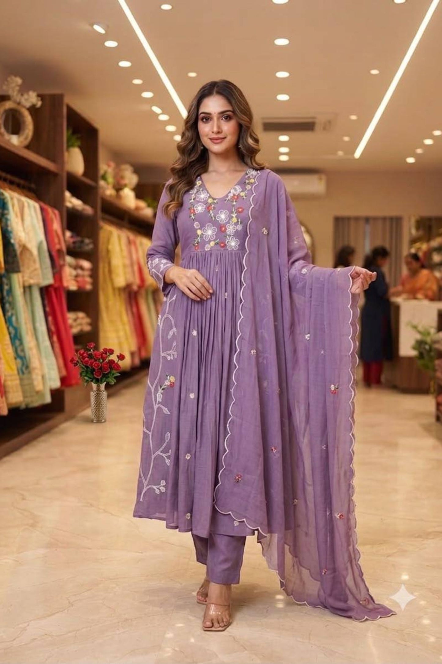 Elegant Lavender Chanderi Silk Anarkali Salwar Suit Set Sequin Embroidery Work