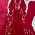 Stunning Wine Chanderi Silk Anarkali Salwar Suit Set Sequin Embroidery Work