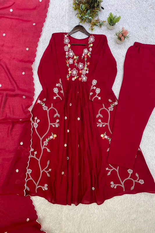 Stunning Wine Chanderi Silk Anarkali Salwar Suit Set Sequin Embroidery Work