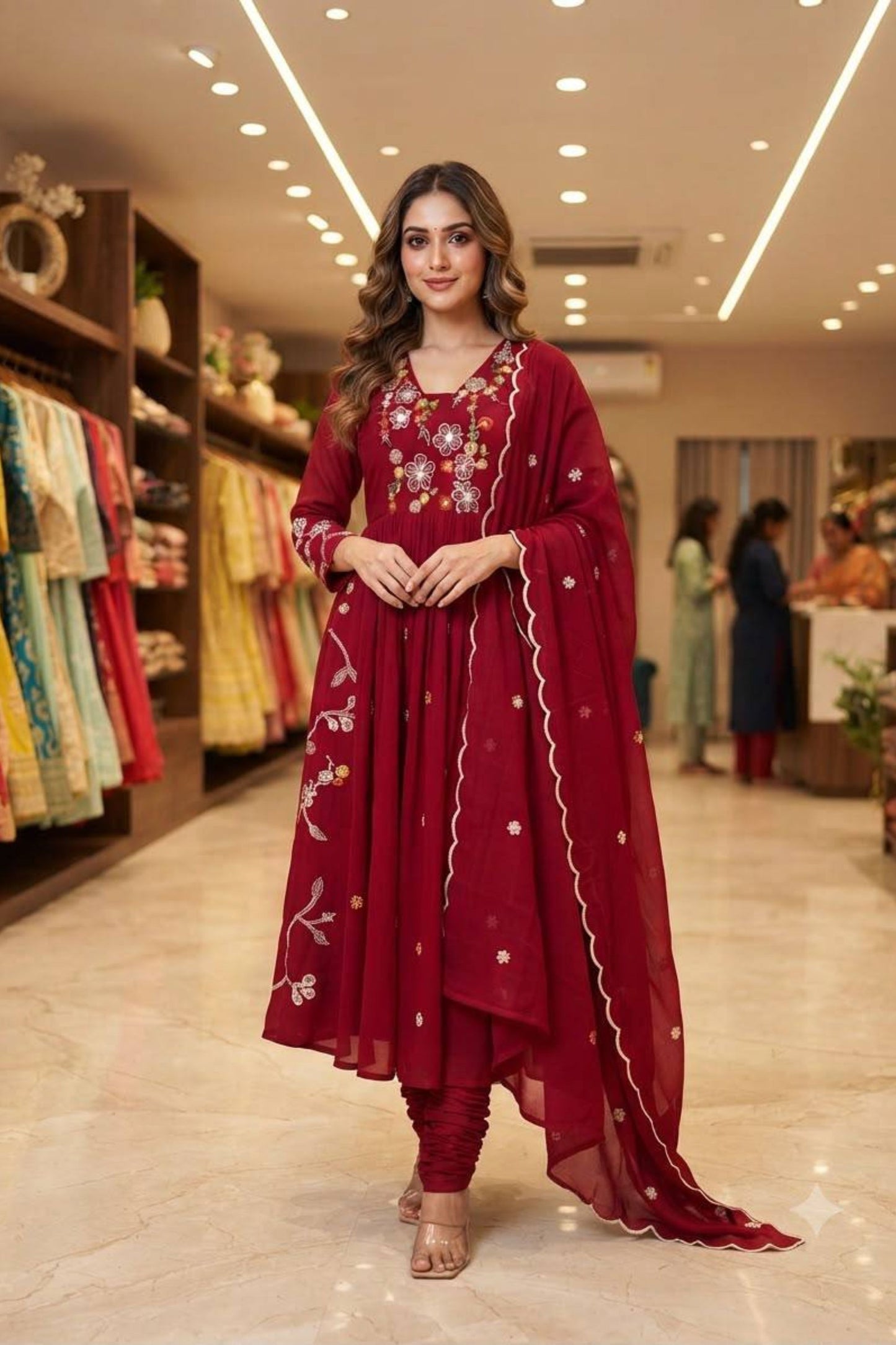 Stunning Wine Chanderi Silk Anarkali Salwar Suit Set Sequin Embroidery Work