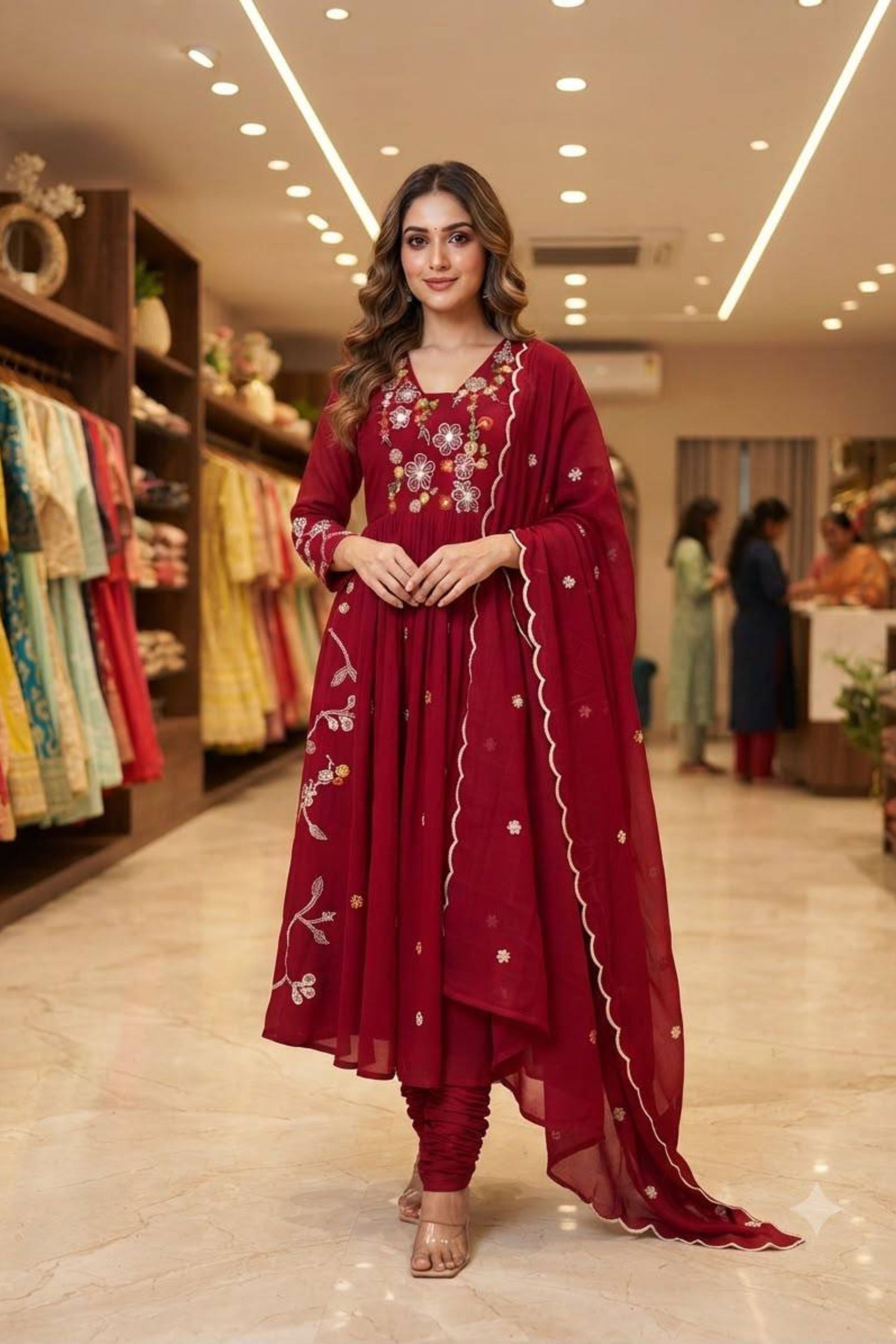 Stunning Wine Chanderi Silk Anarkali Salwar Suit Set Sequin Embroidery Work