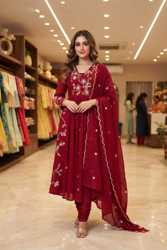 Stunning Wine Chanderi Silk Anarkali Salwar Suit Set Sequin Embroidery Work