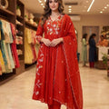 Stylish Red Chanderi Silk Anarkali Salwar Suit Set Sequin Embroidery Work