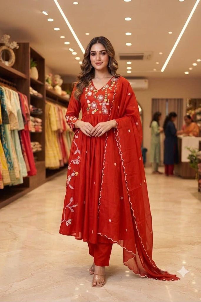 Stylish Red Chanderi Silk Anarkali Salwar Suit Set Sequin Embroidery Work