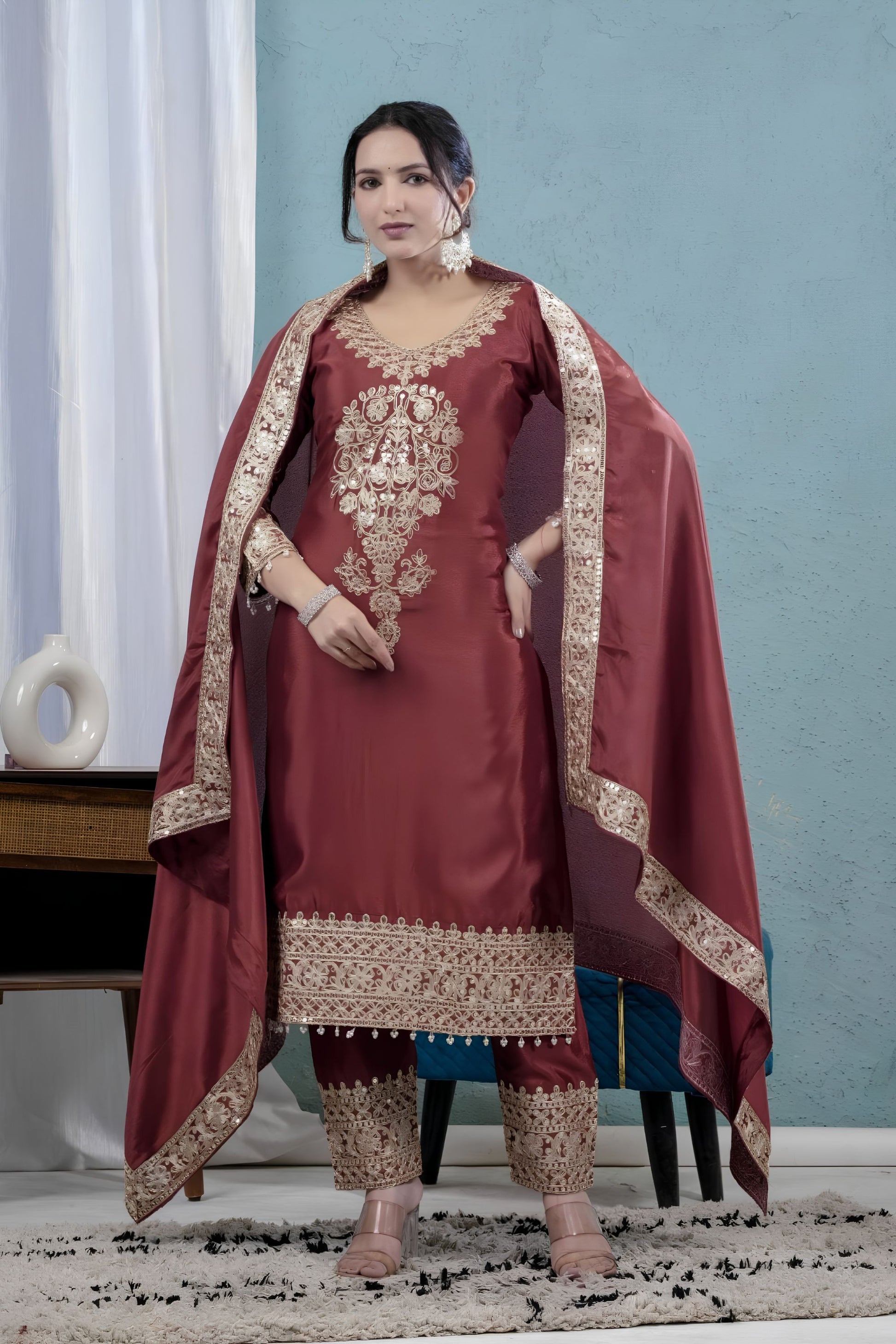 Stunning Maroon Pure Heavy Chinon Silk Salwar Suit Set Heavy Embroidery Sequin Work