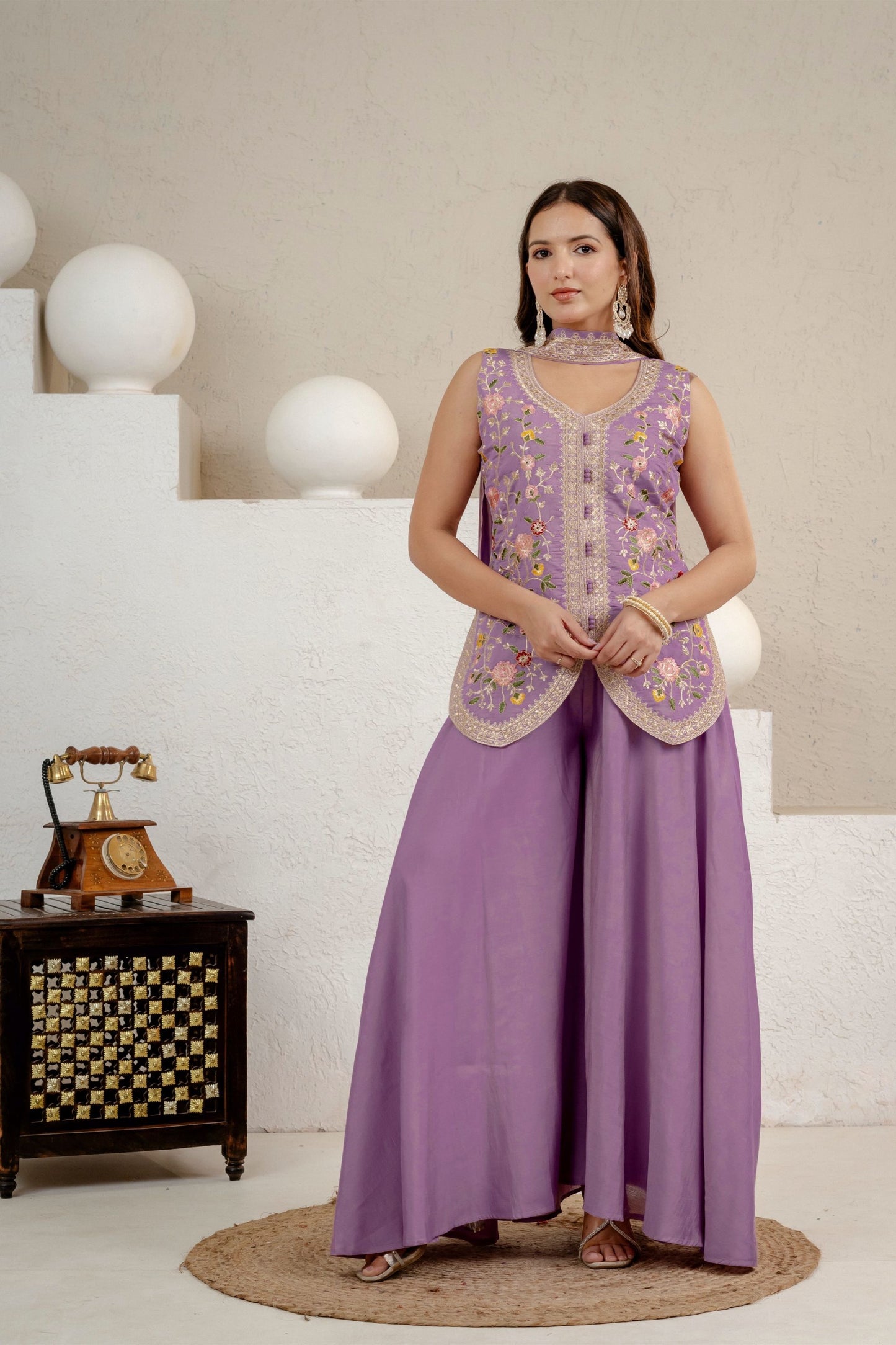 Stylish Lavender Roman Silk Palazzo Suit Set Sequin Embroidery Work