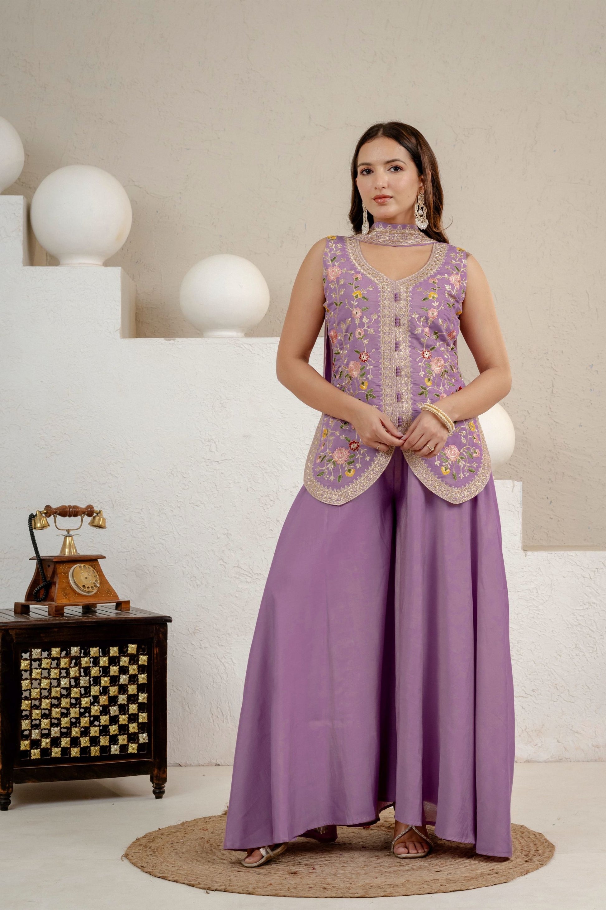 Stylish Lavender Roman Silk Palazzo Suit Set Sequin Embroidery Work