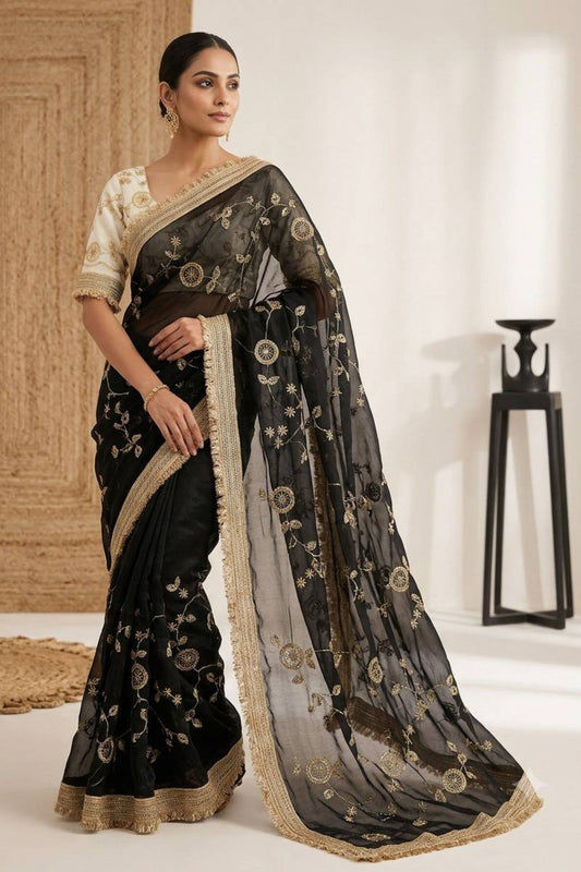 Elegant Black Fendy Satin Silk Mono Banglory Silk Saree for Women