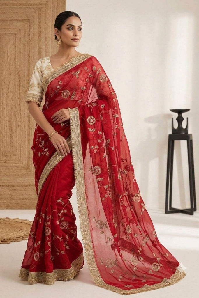 Stunning Red Fendy Satin Silk Mono Banglory Silk Saree for Women