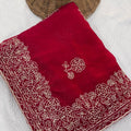 Stunning Red Fendy Chiffon Silk Saree Embroidery Cutwork for Women