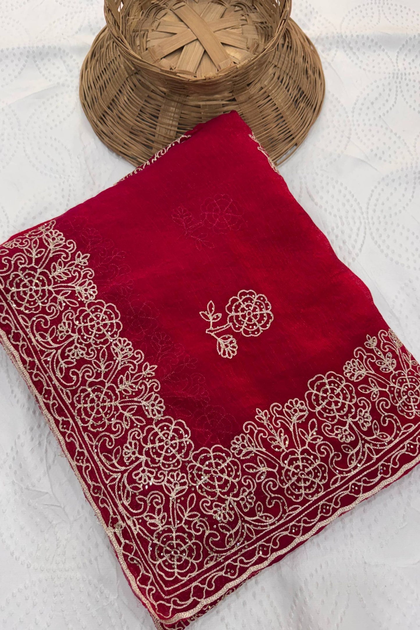 Stunning Red Fendy Chiffon Silk Saree Embroidery Cutwork for Women