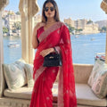 Stunning Red Fendy Chiffon Silk Saree Embroidery Cutwork for Women