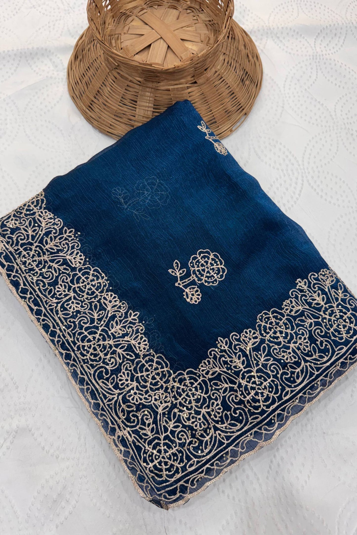 Royal Teal Blue Fendy Chiffon Silk Saree Embroidery Cutwork for Women