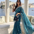 Royal Teal Blue Fendy Chiffon Silk Saree Embroidery Cutwork for Women