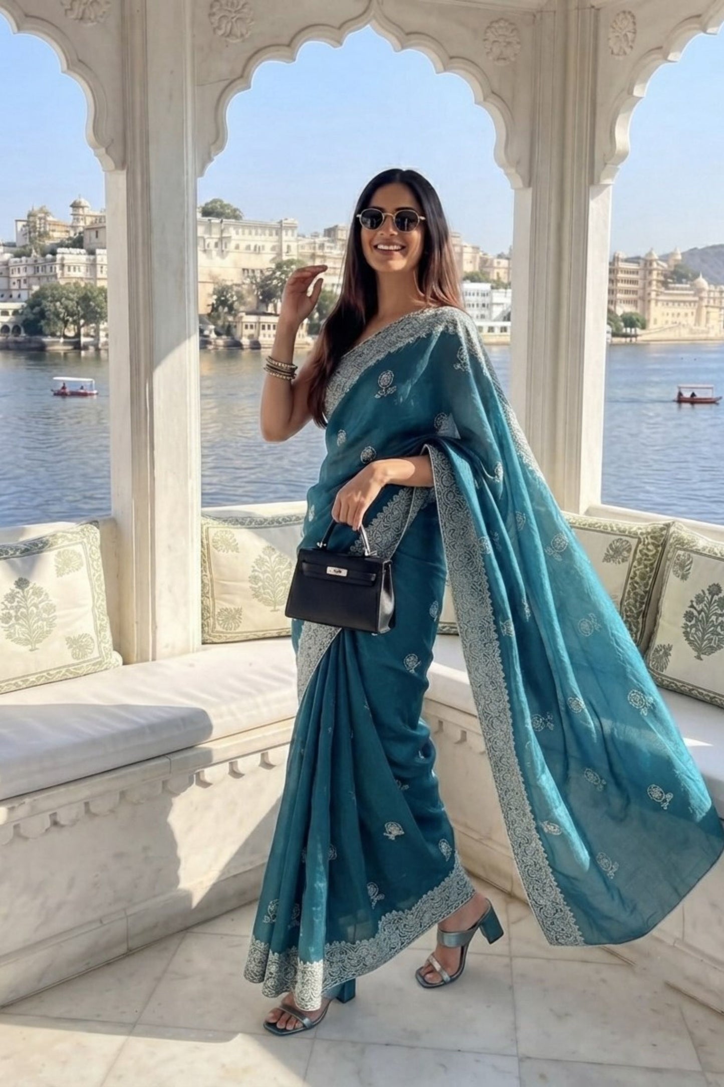 Royal Teal Blue Fendy Chiffon Silk Saree Embroidery Cutwork for Women
