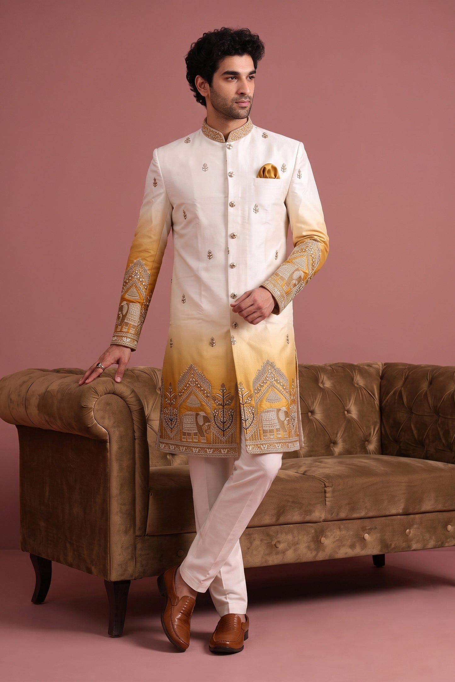 Elegant Cream Embroidered Designer Indo Western Suit for Men with Elephant Motif Work