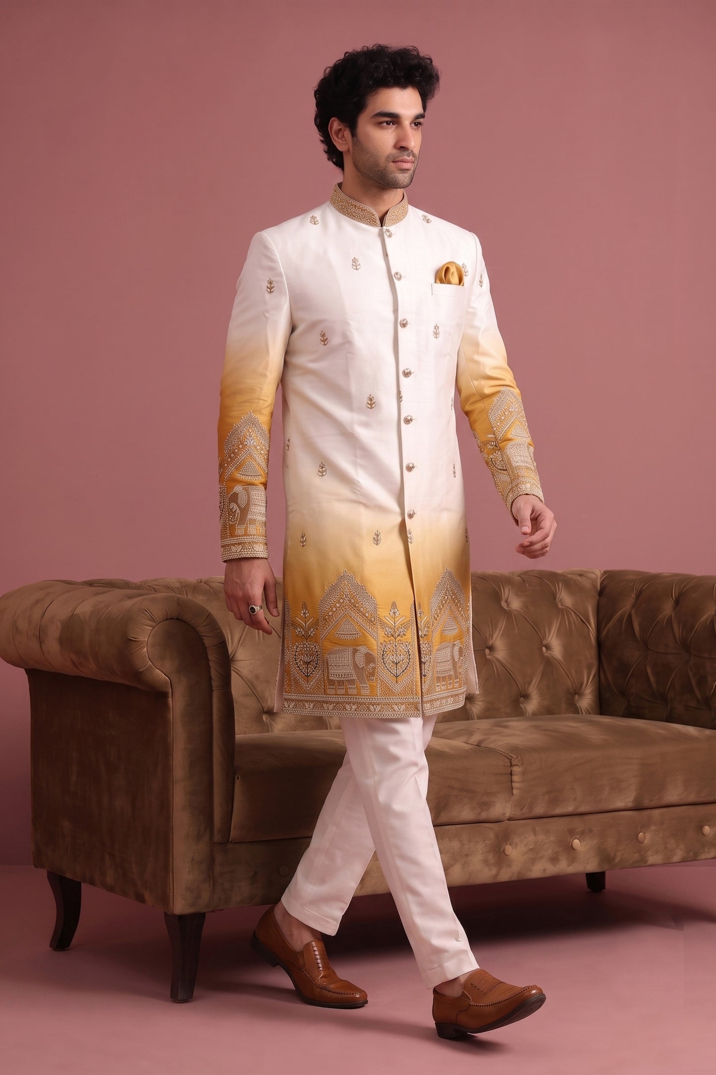 Elegant Cream Embroidered Designer Indo Western Suit for Men with Elephant Motif Work
