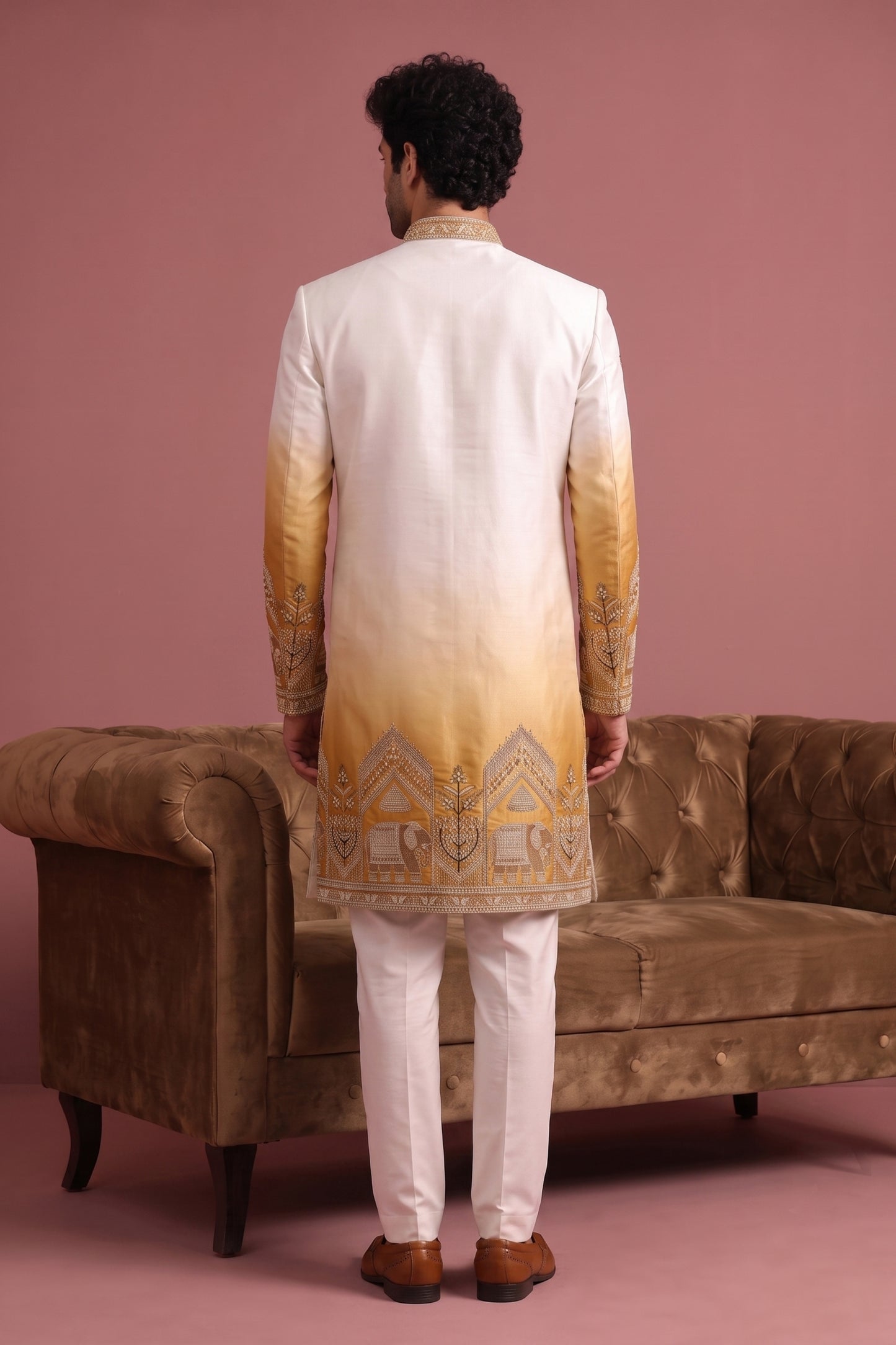 Elegant Cream Embroidered Designer Indo Western Suit for Men with Elephant Motif Work