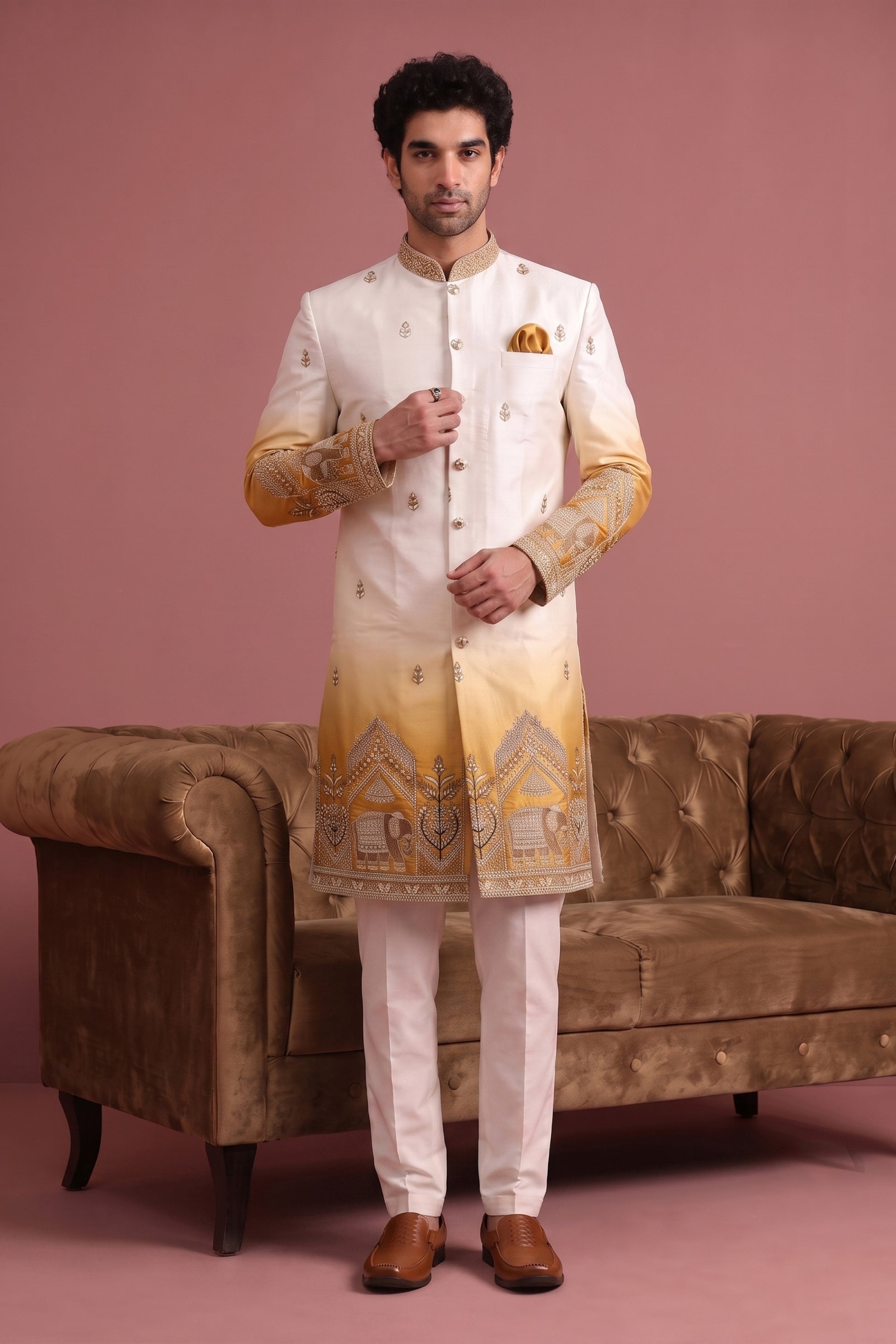 Elegant Cream Embroidered Designer Indo Western Suit for Men with Elephant Motif Work