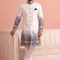 Stylish White and Blue Embroidered Designer Indo Western Suit for Men with Elephant Motif Work