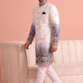Stylish White and Blue Embroidered Designer Indo Western Suit for Men with Elephant Motif Work
