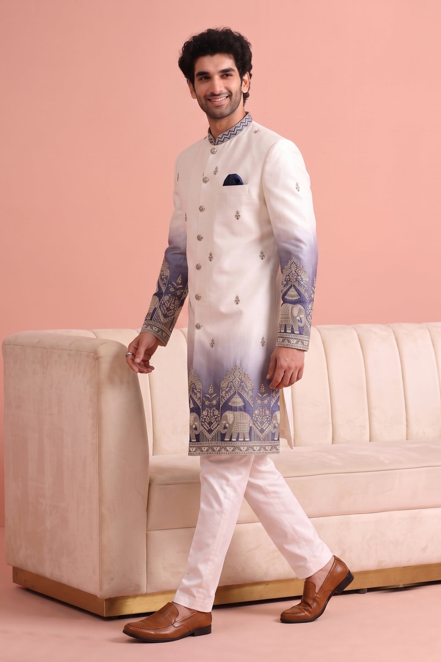 Stylish White and Blue Embroidered Designer Indo Western Suit for Men with Elephant Motif Work