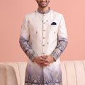 Stylish White and Blue Embroidered Designer Indo Western Suit for Men with Elephant Motif Work