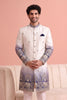 Stylish White and Blue Embroidered Designer Indo Western Suit for Men with Elephant Motif Work